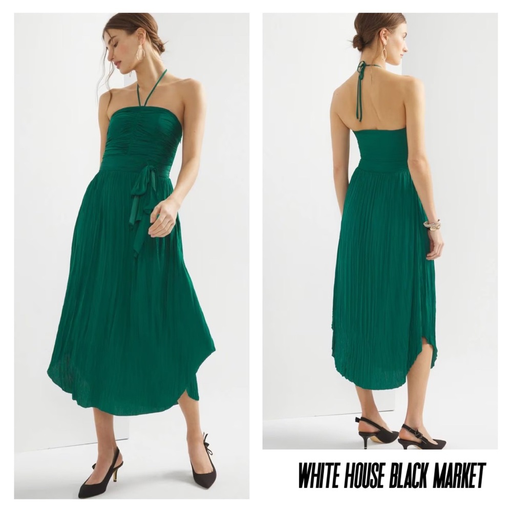 New White House Black Market Elegant Green Halter Strapless Tie Waist Dress - Picture 2 of 6